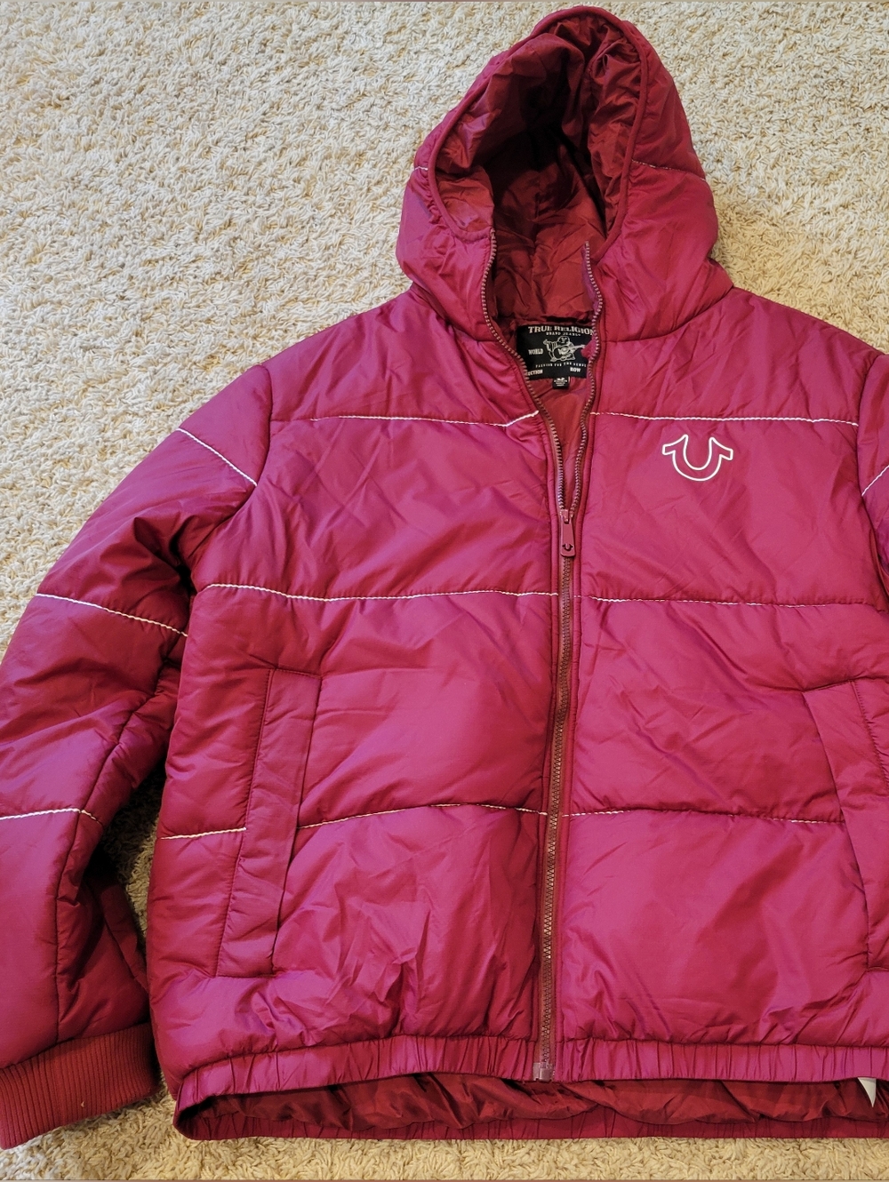 True Religion Zip Up Puffer Jacket With Hood Maroon Red Size 2XL XXL Mens